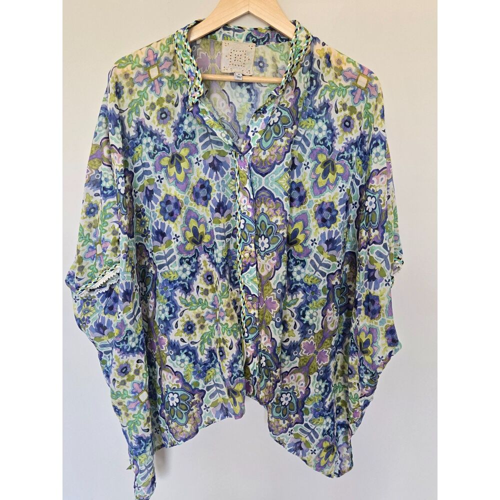Johnny Was Jade Blue Green Purple Floral Print M